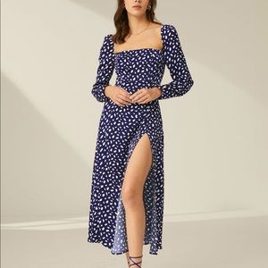 Polka dot Square neck slit long sleeved navy blue midi dress (new with tags)